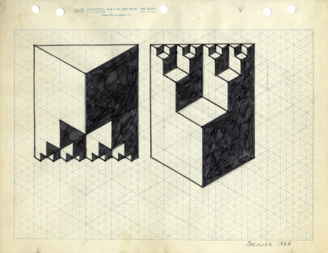 Mel Bochner,&nbsp;Study for Double Solid Based on Cantor&#039;s Paradox,&nbsp;1966. Ink and pencil on graph paper, 8 1/2 x 11 inches.